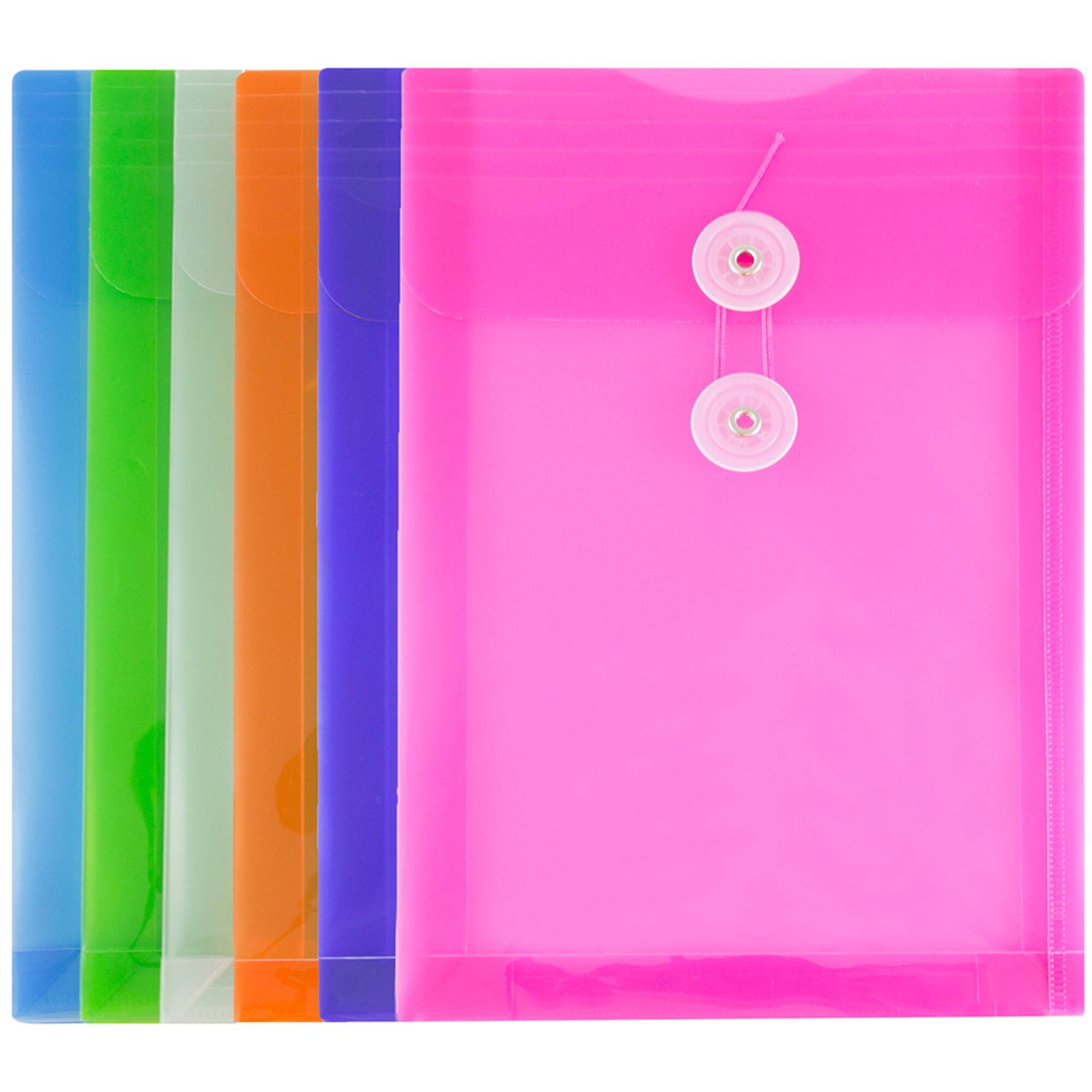 JAM Paper 6.25" x 9.25" Assorted Button & String Tie Closure Plastic Envelopes, 6ct.